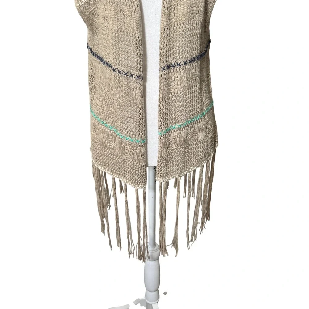 Umgee Tan Crochet Knit Fringe Vest 1XL Open Front Boho Festival *RUNS‎ SMALL